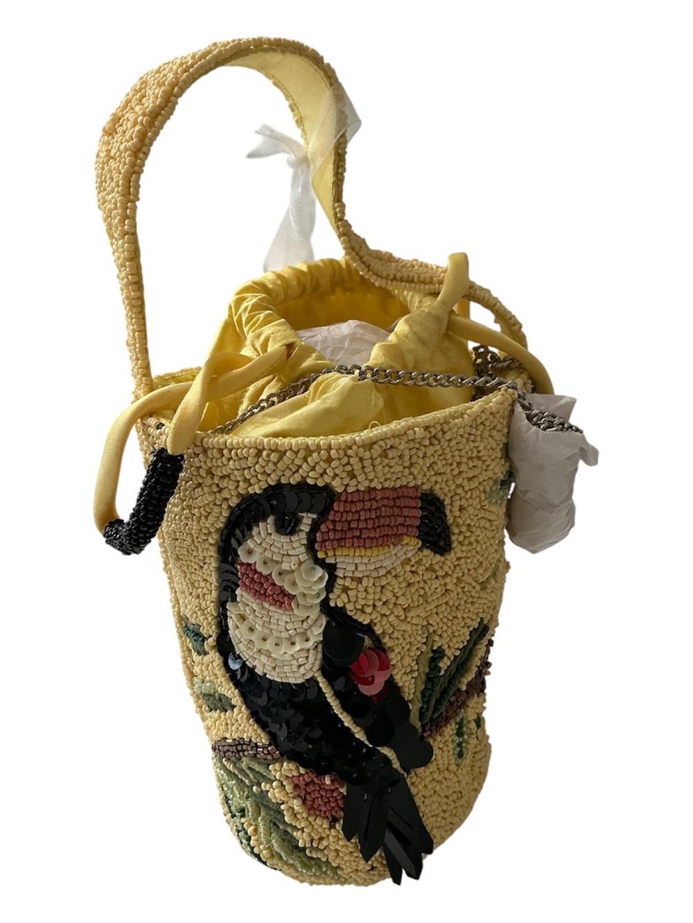 Toucan Yellow Beaded Sequin Bucket Handbag Purse Handcrafted In India Crossbody